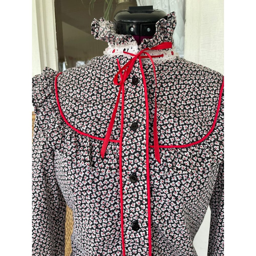 Vintage 1970s Floral Cotton Ruffle Western Shirt Black Red Size Small - Picture 11 of 11